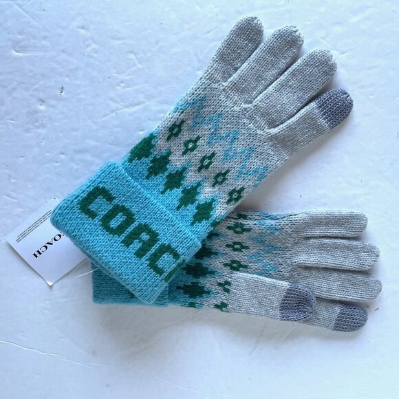 Coach Fair Isle Wool Knit Gloves Womens Blue Tech Mittens Logo Cuff OS - Picture 1 of 5